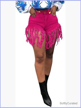 High Waisted Frayed Raw Hem Ripped Denim Shorts with Pockets